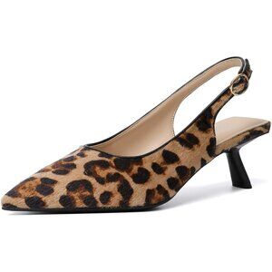 Mostrin Kitten Heels Leopard Suede Low Slingback Heels with Buckle Dress Shoes